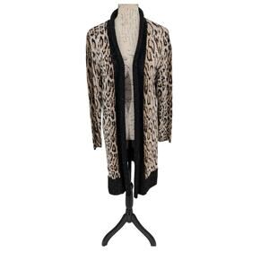 Chico’s Duster Size 1 Women’s Medium Leopard Print Open Front Black Trim